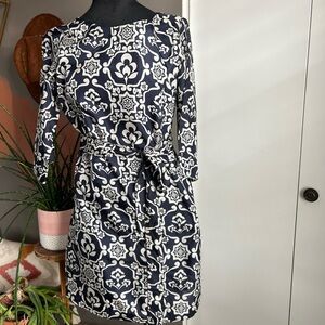 Navy and White Long Sleeve 100% Silk Tie-Waist Dress